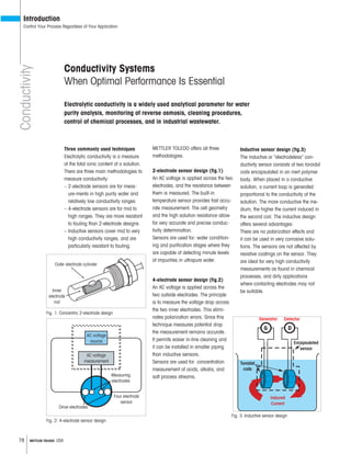 78 METTLER TOLEDO USA
Three commonly used techniques
Electrolytic conductivity is a measure
of the total ionic content of a solution.
There are three main methodologies to
measure conductivity:
– 2-electrode sensors are for meas-
ure-ments in high purity water and
relatively low conductivity ranges
– 4-electrode sensors are for mid to
high ranges. They are more resistant
to fouling than 2-electrode designs
– Inductive sensors cover mid to very
high conductivity ranges, and are
particularly resistant to fouling.
METTLER TOLEDO offers all three
methodologies.
An AC voltage is applied across the two
electrodes, and the resistance between
them is measured. The built-in
temperature sensor provides fast accu-
rate measurement. The cell geometry
and the high solution resistance allow
for very accurate and precise conduc-
tivity determination.
Sensors are used for: water condition-
ing and purification stages where they
are capable of detecting minute levels
of impurities in ultrapure water.
4-electrode sensor design (fig.2)
An AC voltage is applied across the
two outside electrodes. The principle
is to measure the voltage drop across
the two inner electrodes. This elimi-
nates polarization errors. Since this
technique measures potential drop
the measurement remains accurate.
It permits easier in-line cleaning and
it can be installed in smaller piping
than inductive sensors.
Sensors are used for: concentration
measurement of acids, alkalis, and
salt process streams.
The inductive or “electrodeless” con-
ductivity sensor consists of two toroidal
coils encapsulated in an inert polymer
body. When placed in a conductive
solution, a current loop is generated
proportional to the conductivity of the
solution. The more conductive the me-
dium, the higher the current induced in
the second coil. The inductive design
offers several advantages:
There are no polarization effects and
it can be used in very corrosive solu-
tions. The sensors are not affected by
resistive coatings on the sensor. They
are ideal for very high conductivity
measurements as found in chemical
processes, and dirty applications
where contacting electrodes may not
be suitable.
Conductivity Systems
When Optimal Performance Is Essential
Inner
electrode
rod
Outer electrode cylinder
Fig. 1: Concentric 2-electrode design
Measuring
electrodes
AC voltage
measurement
Drive electrodes
Four electrode
sensor
AC voltage
source
Fig. 2: 4-electrode sensor design
Generator Detector
Induced
Current
Toroidal
coils
G D
Encapsulated
sensor
Fig. 3: Inductive sensor design
Conductivity
Introduction
Control Your Process Regardless of Your Application
Electrolytic conductivity is a widely used analytical parameter for water
purity analysis, monitoring of reverse osmosis, cleaning procedures,
control of chemical processes, and in industrial wastewater.
 