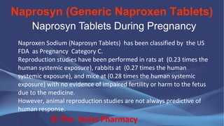 Naprosyn (Generic Naproxen Tablets)
© The Swiss Pharmacy
Naprosyn Tablets During Pregnancy
Naproxen Sodium (Naprosyn Tablets) has been classified by the US
FDA as Pregnancy Category C.
Reproduction studies have been performed in rats at (0.23 times the
human systemic exposure), rabbits at (0.27 times the human
systemic exposure), and mice at (0.28 times the human systemic
exposure) with no evidence of impaired fertility or harm to the fetus
due to the medicine.
However, animal reproduction studies are not always predictive of
human response.
 
