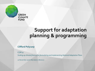 Support for adaptation
planning & programming
Clifford Polycarp
COP22
Scaling up climate finance for formulating and implementing National Adaptation Plans
10 November 2016 | Marrakech, Morocco
 
