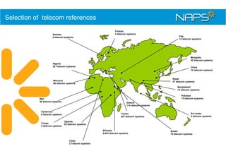 Selection of telecom references
Sweden
5 telecom systems

Finland
2 telecom systems
Iraq
12 telecom systems

Mongolia
30 telecom systems
Algeria
20 Telecom systems

China
14 telecom systems

Nepal
27 telecom systems

Morocco
86 telecom systems

Bangladesh
14 telecom systems
Pakistan
13 telecom systems

Mali
36 telecom systems

Greece
114 telecom systems

Cameroon
9 telecom systems

Congo
2 telecom systems

Yemen
307 telecom systems

Sri Lanka
6 telecom systems

Uganda
53 telecom systems
Ethiopia
2.634 telecom systems
Libya
3 Telecom systems

Sudan
19 telecom systems

 