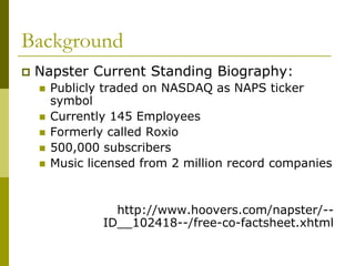 Background
   Napster Current Standing Biography:
       Publicly traded on NASDAQ as NAPS ticker
        symbol
       Currently 145 Employees
       Formerly called Roxio
       500,000 subscribers
       Music licensed from 2 million record companies


                  http://www.hoovers.com/napster/--
                ID__102418--/free-co-factsheet.xhtml
 