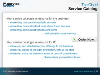 The Cloud
                                                              Service Catalog

   • Your service catalog is a resource for the business:
       – where they can see the available services
       – where they can understand more about those services
       – where they can request services and items
                                     … with a familiar user interface


   • Your service catalog is a resource for IT:
       – where you can standardize your offerings to the business
       – where you gather all the right information, right at the start
       – where you make the business aware of costs & commitments
                                      … that enables you to deliver faster




© 2011 ServiceNow All Rights Reserved                               www.service-now.com | 15
 