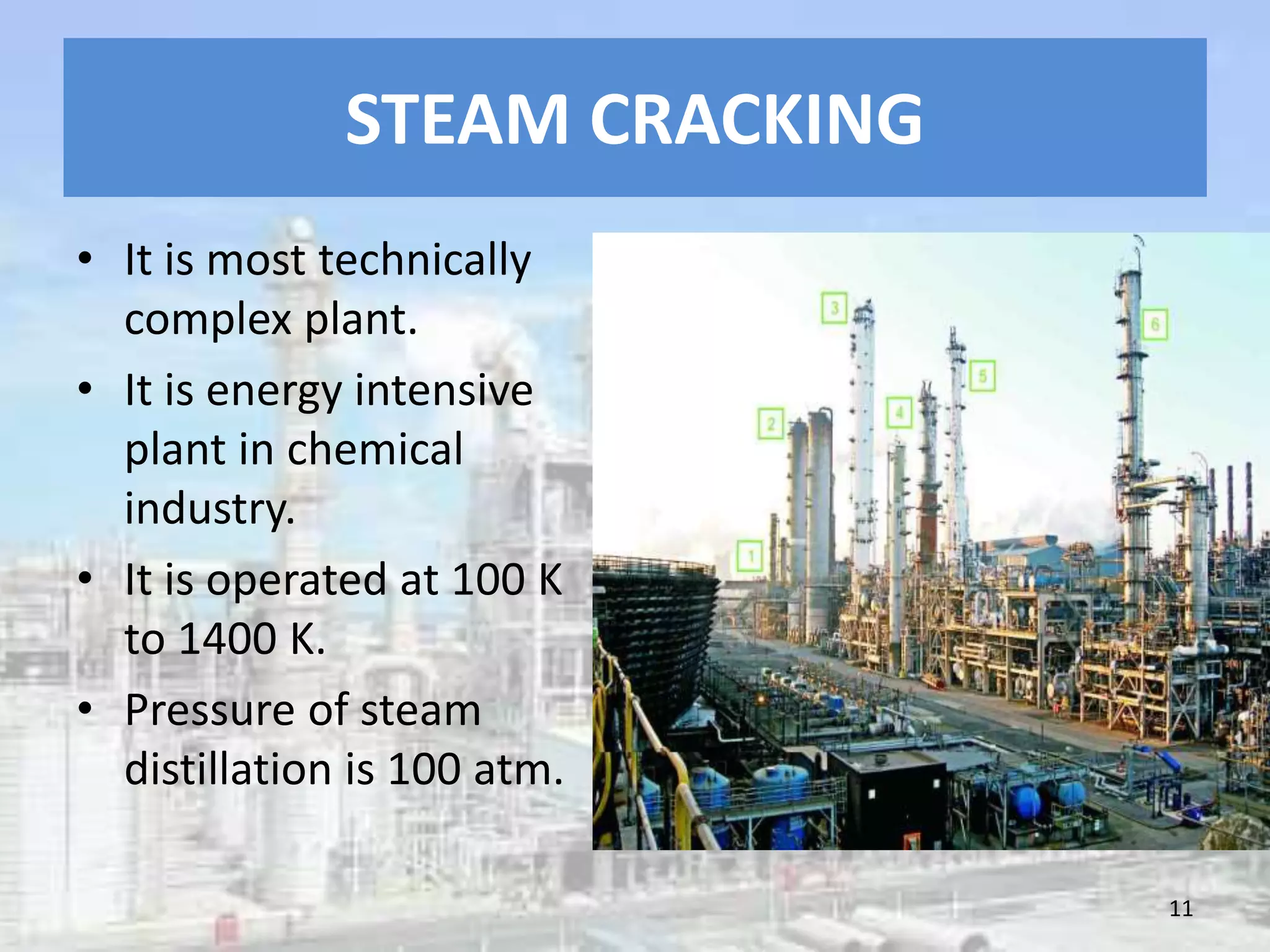 STEAM CRACKING
• It is most technically
complex plant.
• It is energy intensive
plant in chemical
industry.
• It is operated at 100 K
to 1400 K.
• Pressure of steam
distillation is 100 atm.
11
 