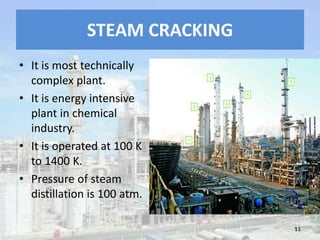 STEAM CRACKING
• It is most technically
complex plant.
• It is energy intensive
plant in chemical
industry.
• It is operated at 100 K
to 1400 K.
• Pressure of steam
distillation is 100 atm.
11
 