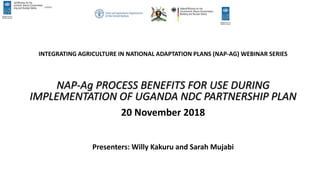INTEGRATING AGRICULTURE IN NATIONAL ADAPTATION PLANS (NAP-AG) WEBINAR SERIES
NAP-Ag PROCESS BENEFITS FOR USE DURING
IMPLEMENTATION OF UGANDA NDC PARTNERSHIP PLAN
20 November 2018
Presenters: Willy Kakuru and Sarah Mujabi
 