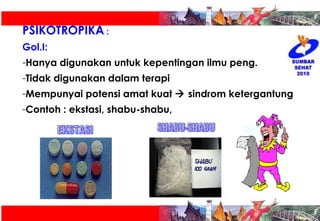 PSIKOTROPIKA  : Gol.I:  Hanya digunakan untuk kepentingan ilmu peng. Tidak digunakan dalam terapi Mempunyai potensi amat kuat    sindrom ketergantung Contoh : ekstasi, shabu-shabu, EKSTASI SHABU-SHABU 