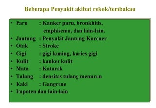 Beberapa Penyakit akibat rokok/tembakau Paru : Kanker paru, bronkhitis,    emphisema, dan lain-lain. Jantung : Penyakit Jantung Koroner Otak : Stroke Gigi : gigi kuning, karies gigi Kulit  : kanker kulit Mata  : Katarak Tulang : densitas tulang menurun Kaki : Gangrene Impoten dan lain-lain 