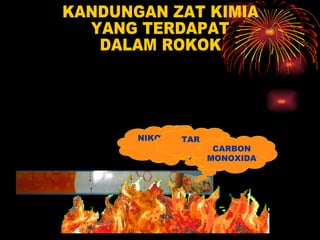 KANDUNGAN ZAT KIMIA YANG TERDAPAT DALAM ROKOK ± 4000 BAHAN KIMIA NIKOTIN TAR CARBON MONOXIDA 
