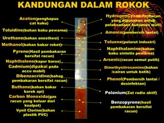 KANDUNGAN DALAM ROKOK Aceton (penghapus   cat kuku) Naphthalamine (bahan   baku sintetis pewarna) HydrogenCyanade (Racun yang digunakan untuk pelaksanaan hukuman mati) Amonia (pembersih lantai) Toluene (pelarut industri) Arsenic (racun semut putih) Toluidine (bahan baku pewarna) Methanol (bahan bakar roket) Pyrene (Hasil pembakaran bersifat racun) Naphthalene (kapur barus) Dimethynitrosamine (bahan/cairan untuk batik) Phenol (Pembersih lantai / desinfektan) Cadmium(dipakai  pada accu mobil) Polonium (Zat radio aktif) Carbon Monoxida (gas racun yang keluar dari knalpot) Benzopyrene (hasil pembakaran bersifat racun) Vynil Clorine(bahan plastik PVC) Urethane (bahan anesthesi) Dibenzacridine (bahan pembakaran bersifat racun) Buthane (bahan bakar korek api) 
