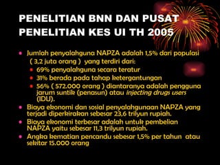 PENELITIAN BNN DAN PUSAT PENELITIAN KES UI TH 2005 J umlah penyalahguna NAPZA adalah 1,5% dari populasi  (  3,2 juta orang  )   yang terdiri dari : 69% penyalahguna secara teratur  31% berada pada tahap ketergantungan 56%  (  572.000 orang  )  diantaranya adalah pengguna jarum suntik (penasun) atau  injecting drugs users  (IDU). Biaya ekonomi dan sosial penyalahgunaan NAPZA yang terjadi diperkirakan sebesar 23,6 trilyun rupiah . Biaya ekonomi terbesar adalah untuk pembelian NAPZA yaitu sebesar 11,3 trilyun rupiah .   Angka kematian pencandu sebesar 1,5% per tahun  atau sekita r  15.000 orang 