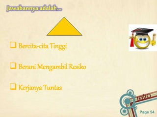 Page 54
Jawabannyaadalah…
 Bercita-cita Tinggi
 Berani Mengambil Resiko
 Kerjanya Tuntas
 
