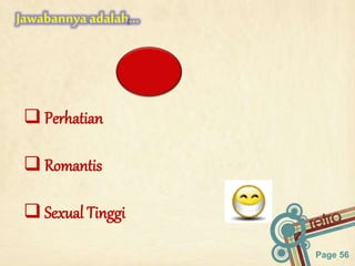 Page 56
Jawabannyaadalah…
 Perhatian
 Romantis
 Sexual Tinggi
 