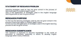 STATEMENT OF RESEARCH PROBLEM
Learning strategies used by See me grow school in the process of
learning English to students aged 5 years.
How is the application of strategies used in the English language
learning process at see me grow school?
RESEARCH PURPOSE
To find out the learning strategies used by See me grow school in the
process of learning English in children aged 5 years.
To find out how the application of strategies used in the English learning
process at see me grow school.
RESEARCH SIGNIFICANCE
This research is expected to become knowledge in the world of
education in Indonesia, especially in efforts to develop English
language skills in early childhood.
 