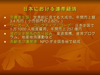 日本における連帯経済 消費者生協 :   世界的に見ても大成功。年間売上額 3.4 兆円（小売部門の 2.82% ） ワーカーズ・コレクティブ / コープ :   日本全国で 1 万 1000 人程度雇用、年間売上 257 億円 食の安全関係の取り組み :   産直提携、食育プログラム、地産地消運動など 高齢者介護関連 :  NPO が全国各地で結成 