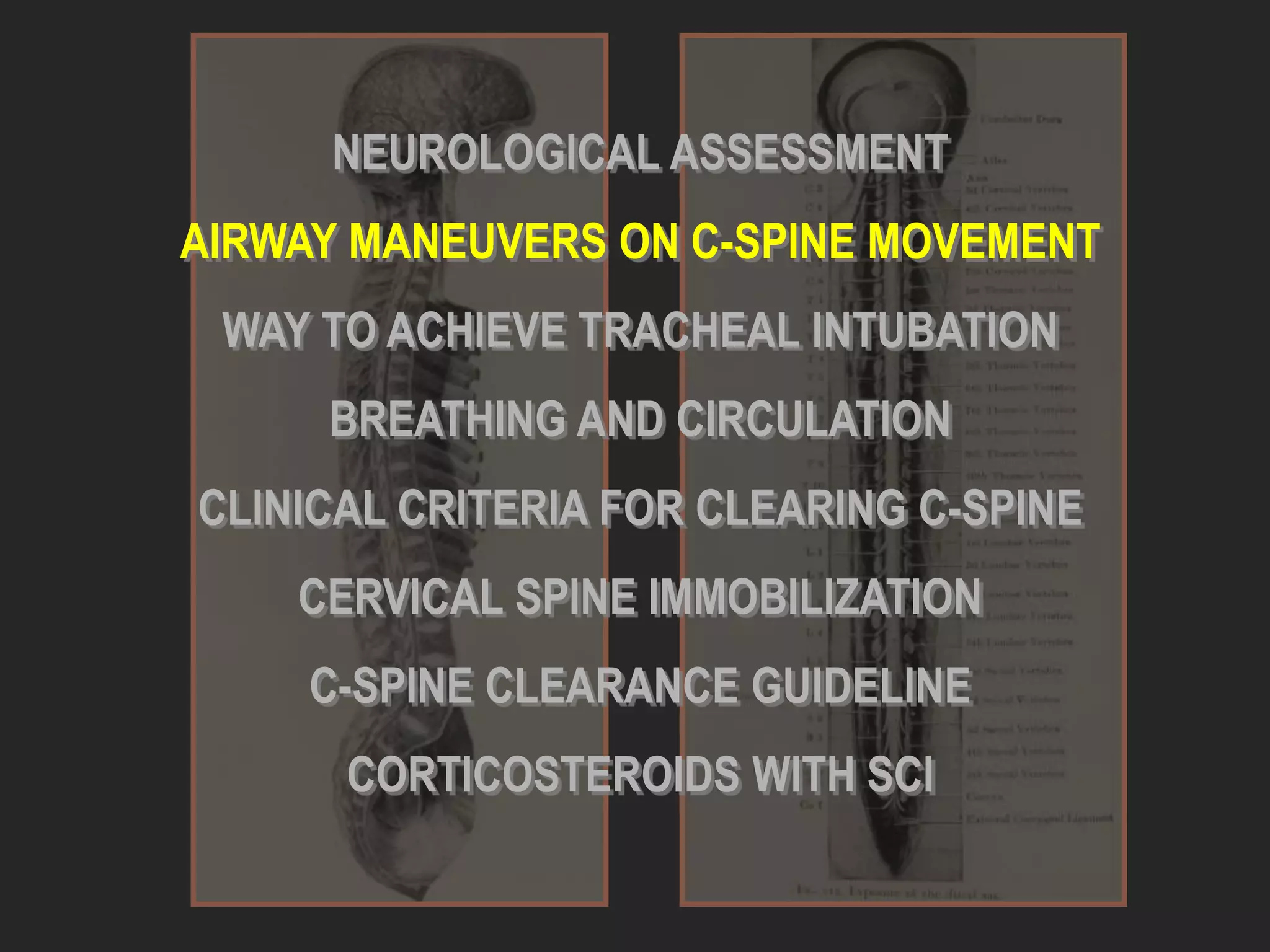 NEUROLOGICAL ASSESSMENT
AIRWAY MANEUVERS ON C-SPINE MOVEMENT
WAY TO ACHIEVE TRACHEAL INTUBATION
BREATHING AND CIRCULATION
CLINICAL CRITERIA FOR CLEARING C-SPINE
CERVICAL SPINE IMMOBILIZATION
C-SPINE CLEARANCE GUIDELINE
CORTICOSTEROIDS WITH SCI
 