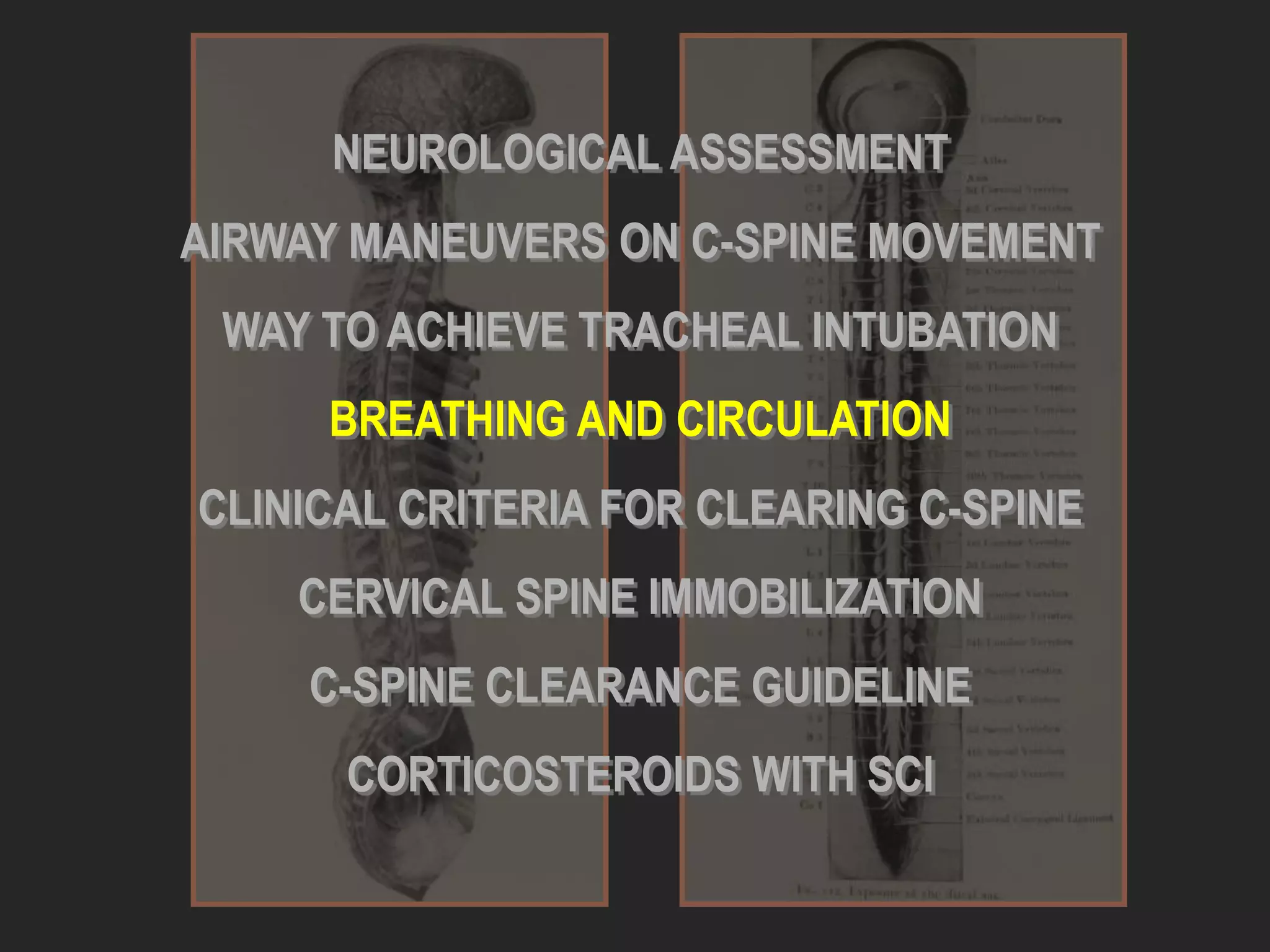 NEUROLOGICAL ASSESSMENT
AIRWAY MANEUVERS ON C-SPINE MOVEMENT
WAY TO ACHIEVE TRACHEAL INTUBATION
BREATHING AND CIRCULATION
CLINICAL CRITERIA FOR CLEARING C-SPINE
CERVICAL SPINE IMMOBILIZATION
C-SPINE CLEARANCE GUIDELINE
CORTICOSTEROIDS WITH SCI
 