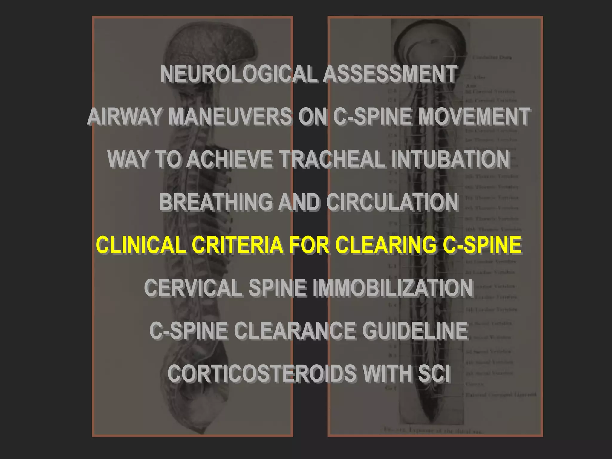 NEUROLOGICAL ASSESSMENT
AIRWAY MANEUVERS ON C-SPINE MOVEMENT
WAY TO ACHIEVE TRACHEAL INTUBATION
BREATHING AND CIRCULATION
CLINICAL CRITERIA FOR CLEARING C-SPINE
CERVICAL SPINE IMMOBILIZATION
C-SPINE CLEARANCE GUIDELINE
CORTICOSTEROIDS WITH SCI
 