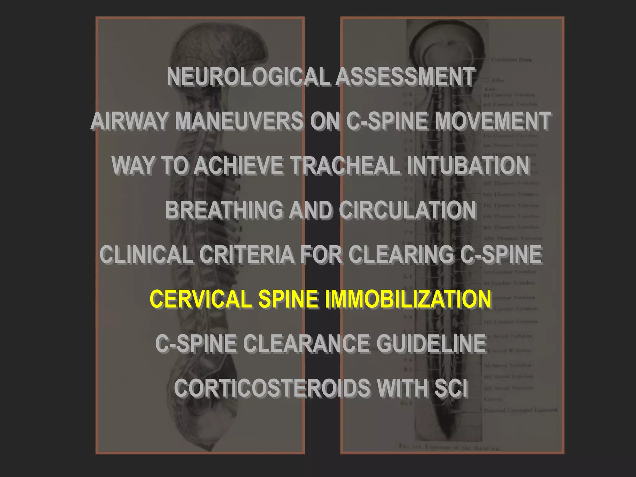 NEUROLOGICAL ASSESSMENT
AIRWAY MANEUVERS ON C-SPINE MOVEMENT
WAY TO ACHIEVE TRACHEAL INTUBATION
BREATHING AND CIRCULATION
CLINICAL CRITERIA FOR CLEARING C-SPINE
CERVICAL SPINE IMMOBILIZATION
C-SPINE CLEARANCE GUIDELINE
CORTICOSTEROIDS WITH SCI
 