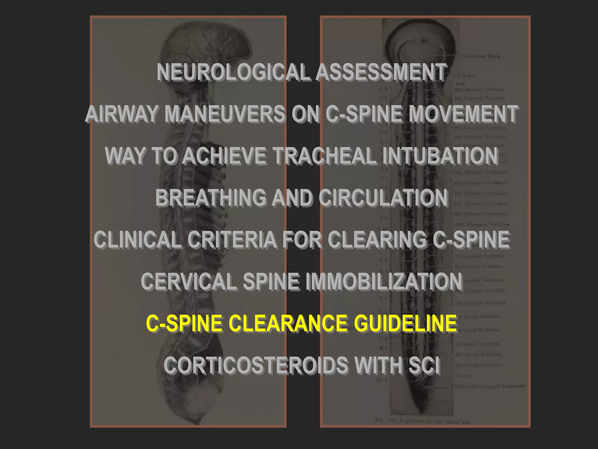 NEUROLOGICAL ASSESSMENT
AIRWAY MANEUVERS ON C-SPINE MOVEMENT
WAY TO ACHIEVE TRACHEAL INTUBATION
BREATHING AND CIRCULATION
CLINICAL CRITERIA FOR CLEARING C-SPINE
CERVICAL SPINE IMMOBILIZATION
C-SPINE CLEARANCE GUIDELINE
CORTICOSTEROIDS WITH SCI
 