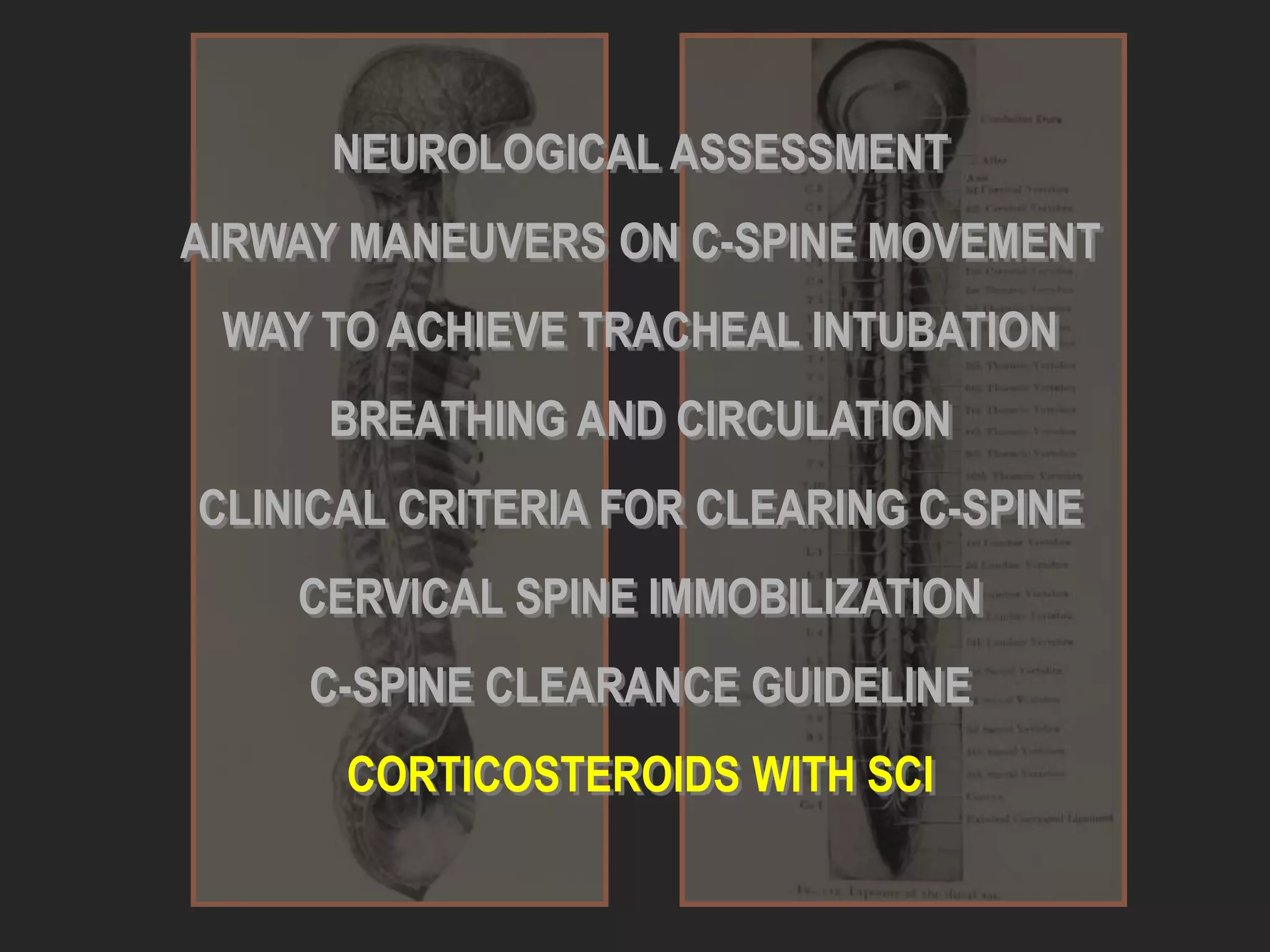 NEUROLOGICAL ASSESSMENT
AIRWAY MANEUVERS ON C-SPINE MOVEMENT
WAY TO ACHIEVE TRACHEAL INTUBATION
BREATHING AND CIRCULATION
CLINICAL CRITERIA FOR CLEARING C-SPINE
CERVICAL SPINE IMMOBILIZATION
C-SPINE CLEARANCE GUIDELINE
CORTICOSTEROIDS WITH SCI
 