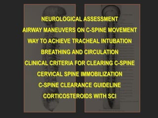 NEUROLOGICAL ASSESSMENT
AIRWAY MANEUVERS ON C-SPINE MOVEMENT
WAY TO ACHIEVE TRACHEAL INTUBATION
BREATHING AND CIRCULATION
CLINICAL CRITERIA FOR CLEARING C-SPINE
CERVICAL SPINE IMMOBILIZATION
C-SPINE CLEARANCE GUIDELINE
CORTICOSTEROIDS WITH SCI
 