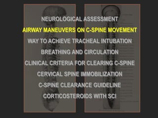 NEUROLOGICAL ASSESSMENT
AIRWAY MANEUVERS ON C-SPINE MOVEMENT
WAY TO ACHIEVE TRACHEAL INTUBATION
BREATHING AND CIRCULATION
CLINICAL CRITERIA FOR CLEARING C-SPINE
CERVICAL SPINE IMMOBILIZATION
C-SPINE CLEARANCE GUIDELINE
CORTICOSTEROIDS WITH SCI
 