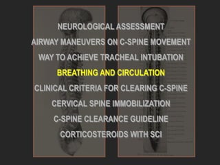 NEUROLOGICAL ASSESSMENT
AIRWAY MANEUVERS ON C-SPINE MOVEMENT
WAY TO ACHIEVE TRACHEAL INTUBATION
BREATHING AND CIRCULATION
CLINICAL CRITERIA FOR CLEARING C-SPINE
CERVICAL SPINE IMMOBILIZATION
C-SPINE CLEARANCE GUIDELINE
CORTICOSTEROIDS WITH SCI
 