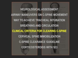 NEUROLOGICAL ASSESSMENT
AIRWAY MANEUVERS ON C-SPINE MOVEMENT
WAY TO ACHIEVE TRACHEAL INTUBATION
BREATHING AND CIRCULATION
CLINICAL CRITERIA FOR CLEARING C-SPINE
CERVICAL SPINE IMMOBILIZATION
C-SPINE CLEARANCE GUIDELINE
CORTICOSTEROIDS WITH SCI
 