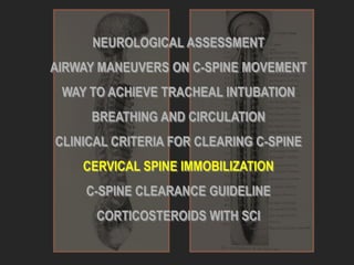 NEUROLOGICAL ASSESSMENT
AIRWAY MANEUVERS ON C-SPINE MOVEMENT
WAY TO ACHIEVE TRACHEAL INTUBATION
BREATHING AND CIRCULATION
CLINICAL CRITERIA FOR CLEARING C-SPINE
CERVICAL SPINE IMMOBILIZATION
C-SPINE CLEARANCE GUIDELINE
CORTICOSTEROIDS WITH SCI
 