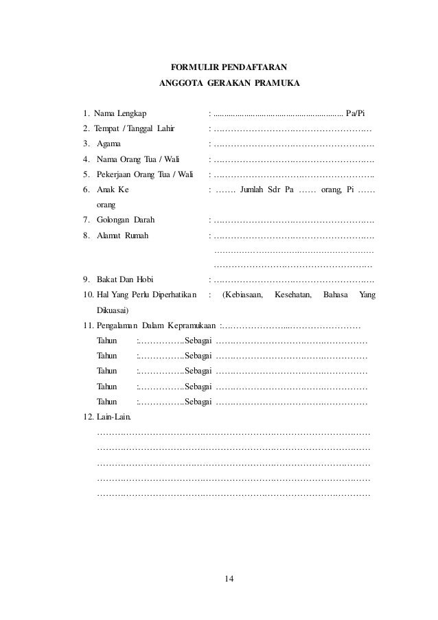 Contoh Formulir Pendaftaran Ekstrakurikuler Pramuka 