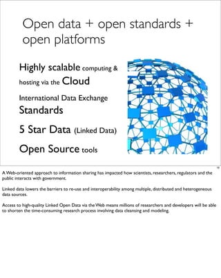 Open data + open standards +
          open platforms
        Highly scalable computing &
        hosting via the       Cloud
        International Data Exchange
        Standards
        5 Star Data (Linked Data)
        Open Source tools
                                                                                                                16

A Web-oriented approach to information sharing has impacted how scientists, researchers, regulators and the
public interacts with government.

Linked data lowers the barriers to re-use and interoperability among multiple, distributed and heterogeneous
data sources.

Access to high-quality Linked Open Data via the Web means millions of researchers and developers will be able
to shorten the time-consuming research process involving data cleansing and modeling.
 