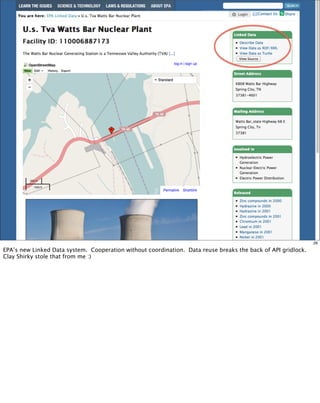 26

EPA’s new Linked Data system. Cooperation without coordination. Data reuse breaks the back of API gridlock.
Clay Shirky stole that from me :)
 