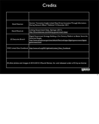 Credits


                           Gartner: “Innovation Insight: Linked Data Drives Innovation Through Information-
      David Newman
                           Sharing Network Effects” Published: 15 December 2011

                           Linking Government Data, Springer (2011)
      David Wood, ed.
                           http://3roundstones.com/linking-government-data/

                           Digital Government Strategy: Building a 21st Century Platform to Better Serve the
                           American People,
    US Executive Branch
                           http://www.whitehouse.gov/sites/default/ﬁles/omb/egov/digital-government/digital-
                           government.html


W3C Linked Data Cookbook http://www.w3.org/2011/gld/wiki/Linked_Data_Cookbook




All other photos and images © 2010-2013 3 Round Stones, Inc. and released under a CC-by-sa license




                                                                                                               41
 