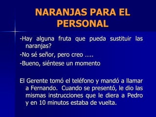 NARANJAS PARA EL
        PERSONAL
-Hay alguna fruta que pueda sustituir las
  naranjas?
-No sé señor, pero creo …..
-Bueno, siéntese un momento

El Gerente tomó el teléfono y mandó a llamar
   a Fernando. Cuando se presentó, le dio las
   mismas instrucciones que le diera a Pedro
   y en 10 minutos estaba de vuelta.
 