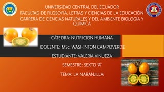 UNIVERSIDAD CENTRAL DEL ECUADOR
FACULTAD DE FILOSOFÍA, LETRAS Y CIENCIAS DE LA EDUCACIÓN
CARRERA DE CIENCIAS NATURALES Y DEL AMBIENTE BIOLOGÍA Y
QUÍMICA
CÁTEDRA: NUTRICION HUMANA
DOCENTE: MSc. WASHINTON CAMPOVERDE
ESTUDIANTE: VALERIA VINUEZA
SEMESTRE: SEXTO “A”
TEMA: LA NARANJILLA
 