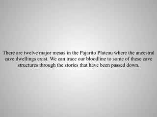 There are twelve major mesas in the Pajarito Plateau where the ancestral
cave dwellings exist. We can trace our bloodline to some of these cave
structures through the stories that have been passed down.

 
