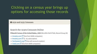 Clicking on a census year brings up
options for accessing those records
 