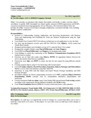 Name:NarasimhaReddy Telluri
Contact number :+1(609)5825494
e mail id :ntelluri@gmail.com
5
Midas+, USA Nov 2011- Sept 2012
Sr .Net Developer, ACS, A XEROX Company, Chennai
Midas+ Live provides an enterprise-wide solution that enables each facility to utilize real-time clinical
surveillance to quickly fulfill meaningful use clinical quality measures (CQM) requirements and 40-60%
concurrent automated answering/aggregation of Core Measures. The Advanced Clinical Suite also
provides the ability to track severalcritical emerging complications associated with high costs, including
hospital acquired complications.
Responsibilities:
 Involved in Understanding Existing Applications and Reviewing Requirements with Business
Team and Implementing and Prioritizing the Tasks per Business Requirements using the Agile
Methodology
 Used Model-View-Control (MVC2.0) software architecture in web applications to view the html.
 For front end development actively used ASP.Net MVC2.0, CSS, JQuery, AJAX control and
Telerik Rad Controls.
 Designed and developed views/templates on top of C#, using the Razor View engine.
 Designed the complete Models using FluentNHibernate and Auto Mappers
 Used ORM tool FluentNHibernate and Mappers for designing entity model
 Used bindings to control the construction of the Windows Communication Foundation (WCF)
channel stack at runtime
 Extensive use of client side scripts using JQuery, HTML for appropriate balance between the
server side and the client browser capabilities.
 Extensively used Ajax and JSON to reduce the time for user request by using different controls
under it
 Creating required objects using C# for interacting with Crystal reports
 Created Complex Queries, Stored Procedures,Functions, Indexes, Packages and Materialized
Views to access data from database using SQL SERVER.
 Experience in using SSIS tools like Import and Export Wizard, Package Installation, and SSIS
Package Designer.
 Developed solutions for diverse programming scenarios in C#.NET, employing Object Oriented
Programming (OOP) concepts such as: encapsulation, inheritance, polymorphism, and
abstraction.
 Created automated Unit test plans using Visual Studio 2008 and performed Unit testing modules
according to the requirements and development standards with NUnit testing.
 Used Team Foundation Server (TFS) for Version Control and Source code repository.
Technical Environment: Visual Studio 2008, .Net Framework 3.5, SQL SERVER 2008, C#.NET,
HTML5, CSS, Telerik Controls, JQuery, JSON, TFS, NUnit, FluentNHibernate, HTML5, CSS3.
Olive Technology, India Jan 2011-Aug 2011
Role: Sr.NetDeveloper
Description: An audit log is an append-only record of changes in a system that allows you to trace a
particular action back to its source. In this project, we can easily create an audit log to track changes to
our entities.
 