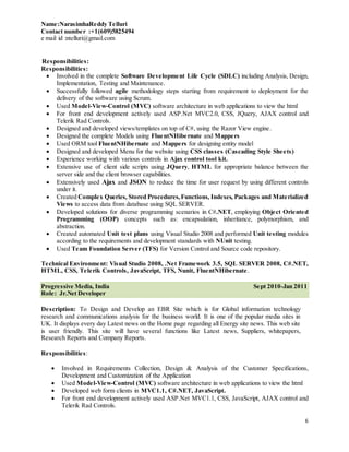 Name:NarasimhaReddy Telluri
Contact number :+1(609)5825494
e mail id :ntelluri@gmail.com
6
Responsibilities:
Responsibilities:
 Involved in the complete Software Development Life Cycle (SDLC) including Analysis, Design,
Implementation, Testing and Maintenance.
 Successfully followed agile methodology steps starting from requirement to deployment for the
delivery of the software using Scrum.
 Used Model-View-Control (MVC) software architecture in web applications to view the html
 For front end development actively used ASP.Net MVC2.0, CSS, JQuery, AJAX control and
Telerik Rad Controls.
 Designed and developed views/templates on top of C#, using the Razor View engine.
 Designed the complete Models using FluentNHibernate and Mappers
 Used ORM tool FluentNHibernate and Mappers for designing entity model
 Designed and developed Menu for the website using CSS classes (Cascading Style Sheets)
 Experience working with various controls in Ajax control tool kit.
 Extensive use of client side scripts using JQuery, HTML for appropriate balance between the
server side and the client browser capabilities.
 Extensively used Ajax and JSON to reduce the time for user request by using different controls
under it.
 Created Complex Queries, Stored Procedures,Functions, Indexes, Packages and Materialized
Views to access data from database using SQL SERVER.
 Developed solutions for diverse programming scenarios in C#.NET, employing Object Oriented
Programming (OOP) concepts such as: encapsulation, inheritance, polymorphism, and
abstraction.
 Created automated Unit test plans using Visual Studio 2008 and performed Unit testing modules
according to the requirements and development standards with NUnit testing.
 Used Team Foundation Server (TFS) for Version Control and Source code repository.
Technical Environment: Visual Studio 2008, .Net Framework 3.5, SQL SERVER 2008, C#.NET,
HTML, CSS, Telerik Controls, JavaScript, TFS, Nunit, FluentNHibernate.
Progressive Media, India Sept 2010-Jan 2011
Role: Jr.Net Developer
Description: To Design and Develop an EBR Site which is for Global information technology
research and communications analysis for the business world. It is one of the popular media sites in
UK. It displays every day Latest news on the Home page regarding all Energy site news. This web site
is user friendly. This site will have several functions like Latest news, Suppliers, whitepapers,
Research Reports and Company Reports.
Responsibilities:
 Involved in Requirements Collection, Design & Analysis of the Customer Specifications,
Development and Customization of the Application
 Used Model-View-Control (MVC) software architecture in web applications to view the html
 Developed web form clients in MVC1.1, C#.NET, JavaScript.
 For front end development actively used ASP.Net MVC1.1, CSS, JavaScript, AJAX control and
Telerik Rad Controls.
 