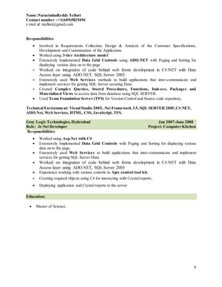 Name:NarasimhaReddy Telluri
Contact number :+1(609)5825494
e mail id :ntelluri@gmail.com
8
Responsibilities:
 Involved in Requirements Collection, Design & Analysis of the Customer Specifications,
Development and Customization of the Application.
 Worked using 3-tier Architecture model
 Extensively Implemented Data Grid Controls using ADO.NET with Paging and Sorting for
displaying various data on to the page.
 Worked on integration of code behind web forms development in C#.NET with Data
Access layer using ADO.NET, SQL Server 2005.
 Extensively used Web Services methods to build applications that inter-communicate and
implement services for getting SQL Server securing Data.
 Created Complex Queries, Stored Procedures, Functions, Indexes, Packages and
Materialized Views to access data from database using SQL SERVER.
 Used Team Foundation Server (TFS) for Version Control and Source code repository.
Technical Environment: Visual Studio 2005, .Net Framework 3.5,SQL SERVER 2005,C#.NET,
ADO.Net, Web Services, HTML, CSS, JavaScript, TFS.
Gray Logic Technologies,Hyderabad Jan 2007-June 2008
Role: Jr.Net Developer Project: Computer Kitchen
Responsibilities:
 Worked using Asp.Net with C#
 Extensively Implemented Data Grid Controls with Paging and Sorting for displaying various
data on to the page.
 Extensively used Web Services to build applications that inter-communicate and implement
services for getting SQL Server Data
 Worked on integration of code behind web forms development in C#.NET with Data
Access layer using ADO.NET, SQL Server 2005
 Experience working with various controls in Ajax control tool kit.
 Creating required objects using C# for interacting with Crystal reports.
 Deploying application and Crystal reports to the server
Education:
 Master of Science.
 