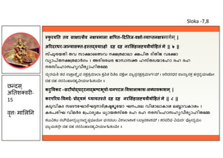 फ
ु रय त तव सा ा सैव न माला पत– द तज-व ो- या तन मागम ् |
अ रदरधर-जा वास त-ह त वयाSहो दह दह नर संहास यवीया हतं मे || ७ ||
ഫുരയതി തവ സാ ാൈ വ ന തമാലാ പിത ദിതിജ വേ ാ
വ ാ തന തമാർഗം । അരിദരധര ജാന ാസ ഹ തദ യാേഹാ ദഹ ദഹ
നരസിംഹാസഹ വീര ാഹിതേ
ಸು ರಯ ತವ ಾ ಾ ೆ ೖವ ನ ತ ಾ ಾ ತ ಜ ವ ೋ ಾ ಪನ ತ ಾಗ । ಅ ದರಧರ ಾ ಾ ಸಕ ಹಸದ ಾ ೋ
ದಹ ದಹ ನರ ಂ ಾಸಹ ೕ ಾ ತಂ ೕ ॥
कटु वकट –सटौघो घ टना टभूयो-घनपटल- वशालाकाश-ल धावकाशम ् |
करप रघ- वमद- ो यमं यायत ते दह दह नर संहास यवीया हतं मे || ८ ||
കടുവികട സെടൗേഘാ ഘ നാ ഭ ഭൂേയാ ഘനപടല വിശാലാകാശ ല ാവകാശം ।
കരപരിഘ വിമർദ േ പാദ മം ധ ായത േത ദഹ ദഹ നരസിംഹാസഹ വീര ാഹിതേ
ಕಟು ಕಟ ಸ ೌ ೂೕದ ಟ ಾದ ಷಭೂ ೕ ಘನಪಟಲ ಾ ಾ ಾಶ ಲ ಾವ ಾಶ । ಕರಪ ಘ ಮದ ೕದ ಮಂ
ಾ ಯತ ೇ ದಹ ದಹ ನರ ಂ ಾಸಹ ೕ ಾ ತಂ ೕ ॥
छ दस ्
अ तश वर -
15
वृ ः मा ल न
Sloka -7,8
 