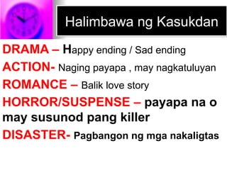 Halimbawa ng Kasukdan
DRAMA – Happy ending / Sad ending
ACTION- Naging payapa , may nagkatuluyan
ROMANCE – Balik love story
HORROR/SUSPENSE – payapa na o
may susunod pang killer
DISASTER- Pagbangon ng mga nakaligtas
 
