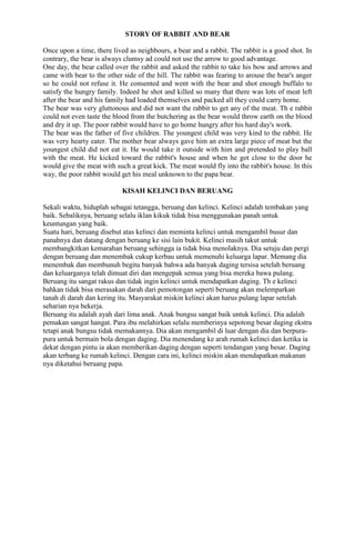 STORY OF RABBIT AND BEAR
Once upon a time, there lived as neighbours, a bear and a rabbit. The rabbit is a good shot. In
contrary, the bear is always clumsy ad could not use the arrow to good advantage.
One day, the bear called over the rabbit and asked the rabbit to take his bow and arrows and
came with bear to the other side of the hill. The rabbit was fearing to arouse the bear's anger
so he could not refuse it. He consented and went with the bear and shot enough buffalo to
satisfy the hungry family. Indeed he shot and killed so many that there was lots of meat left
after the bear and his family had loaded themselves and packed all they could carry home.
The bear was very gluttonous and did not want the rabbit to get any of the meat. Th e rabbit
could not even taste the blood from the butchering as the bear would throw earth on the blood
and dry it up. The poor rabbit would have to go home hungry after his hard day's work.
The bear was the father of five children. The youngest child was very kind to the rabbit. He
was very hearty eater. The mother bear always gave him an extra large piece of meat but the
youngest child did not eat it. He would take it outside with him and pretended to play ball
with the meat. He kicked toward the rabbit's house and when he got close to the door he
would give the meat with such a great kick. The meat would fly into the rabbit's house. In this
way, the poor rabbit would get his meal unknown to the papa bear.
KISAH KELINCI DAN BERUANG
Sekali waktu, hiduplah sebagai tetangga, beruang dan kelinci. Kelinci adalah tembakan yang
baik. Sebaliknya, beruang selalu iklan kikuk tidak bisa menggunakan panah untuk
keuntungan yang baik.
Suatu hari, beruang disebut atas kelinci dan meminta kelinci untuk mengambil busur dan
panahnya dan datang dengan beruang ke sisi lain bukit. Kelinci masih takut untuk
membangkitkan kemarahan beruang sehingga ia tidak bisa menolaknya. Dia setuju dan pergi
dengan beruang dan menembak cukup kerbau untuk memenuhi keluarga lapar. Memang dia
menembak dan membunuh begitu banyak bahwa ada banyak daging tersisa setelah beruang
dan keluarganya telah dimuat diri dan mengepak semua yang bisa mereka bawa pulang.
Beruang itu sangat rakus dan tidak ingin kelinci untuk mendapatkan daging. Th e kelinci
bahkan tidak bisa merasakan darah dari pemotongan seperti beruang akan melemparkan
tanah di darah dan kering itu. Masyarakat miskin kelinci akan harus pulang lapar setelah
seharian nya bekerja.
Beruang itu adalah ayah dari lima anak. Anak bungsu sangat baik untuk kelinci. Dia adalah
pemakan sangat hangat. Para ibu melahirkan selalu memberinya sepotong besar daging ekstra
tetapi anak bungsu tidak memakannya. Dia akan mengambil di luar dengan dia dan berpurapura untuk bermain bola dengan daging. Dia menendang ke arah rumah kelinci dan ketika ia
dekat dengan pintu ia akan memberikan daging dengan seperti tendangan yang besar. Daging
akan terbang ke rumah kelinci. Dengan cara ini, kelinci miskin akan mendapatkan makanan
nya diketahui beruang papa.

 