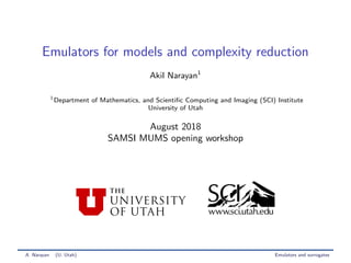 Emulators for models and complexity reduction
Akil Narayan1
1
Department of Mathematics, and Scientiﬁc Computing and Imaging (SCI) Institute
University of Utah
August 2018
SAMSI MUMS opening workshop
A. Narayan (U. Utah) Emulators and surrogates
 