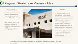 Cayman Strategy — Maverick Idea
US medical tourism flows fell
short of initial volume targets
NH discovered an underserved
local market. Caymanian
residents lacked local tertiary
care and were routinely flown to
Miami for expensive procedures
Original Thesis
Focused on local Caymanian
residents and corporate
insurance payers
Reality
Arbitrage: USD revenues, zero corporate tax, Indian clinical leadership high cash
→
conversion
Low-cost medical tourism
hub located just 430 miles
South of Miami (2010-2017)
Offer high-end cardiac and
orthopedic surgeries to
uninsured/ underinsured US
and Caribbean patients at
30–50% of US prices
 