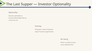 The Last Supper — Investor Optionality
Overlap
Promoters' vision ↔ business
stage ↔ investor opportunism
Re-rating
Sector re-rated in recent
years; tailwinds slow
Optionality
Exercise optionality as
investor/shareholder that an
owner may not
 