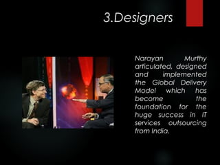 3.Designers


       Narayan        Murthy
       articulated, designed
       and      implemented
       the Global Delivery
       Model which has
       become             the
       foundation for the
       huge success in IT
       services outsourcing
       from India.
    
 