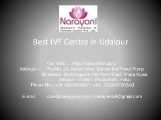 Best IVF Centre in Udaipur
Our Web : http://narayaniivf.com/
Address : Plot No. 23, Ashok Vihar, Behind the Petrol Pump
University-Shobhagpura 100 Feet Road, Khara Kuwa
Udaipur - 313001 (Rajasthan), India.
Phone No. : +91 9983854587 / +91- 7230007262/63
E-mail : care@narayaniivf.com / narayaniivf@gmail.com
 