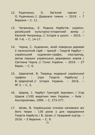 21
12. Рудяченко, О. Зів’ялий гранат /
О. Рудяченко // Дзеркало тижня. – 2019. – 7
березня – С. 11.
13. Чигринець, Є. Родина Нарбутів: україно-
російський культурно-історичний вимір /
Євгеній Чигринець // Історія в школі. – 2015. –
№ 7-8. – С. 14-17.
14. Чорна, С. Художник, який повернув державі
її тисячолітній герб – тризуб : Георгій Нарбут –
український художник-графік, ілюстратор,
автор перших українських державних знаків /
Світлана Чорна // Голос України. – 2019. – 27
берез. – С. 6.
15. Шарпатий, В. Творець модерної української
графіки : [про Георгія Нарбута] /
В. Шарпатий // Історія України. – 2016. –
№ 3. – С. 3.
16. Шаров, І. Нарбут Григорій Іванович / Ігор
Шаров //100 видатних імен України. – Київ :
Альтернативи, 1999. – С. 273-277.
17. Шпак, В. Українською стихією наповнені всі
його твори : 130 років з дня народження
Георгія Нарбута / В. Шпак // Урядовий кур’єр. –
2016. – 5 березня. – С. 9.
 