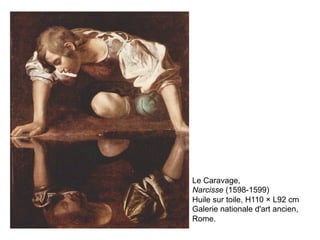 Le Caravage,
Narcisse (1598-1599)
Huile sur toile, H110 × L92 cm
Galerie nationale d'art ancien,
Rome.
 